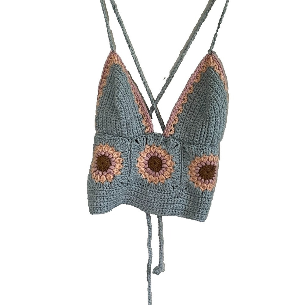 Hand Knit Floral Sweater Tank Top M Earthy Granola Boho Indie Folk Festival 80s